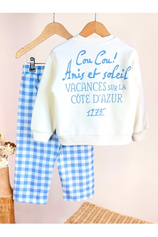 Elzo Collection Kız Çocuk Figür Desenli Ekru Sweatshirt Mavi Kareli Gabardin Denim Şardonsuz Alt Üst Takım Ekru - Mavi