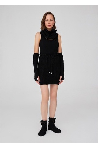 Peraluna Saç Örgü Desenli Kadın Triko Etek Siyah