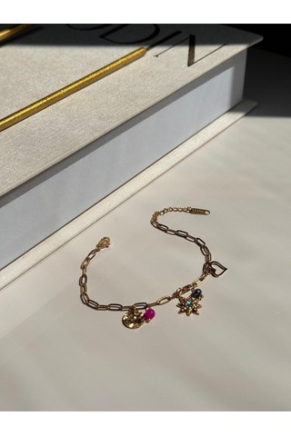 Renkli Taşlı Yıldız Figürlü Altın Kaplama Kadın Çelik Bileklik Altın