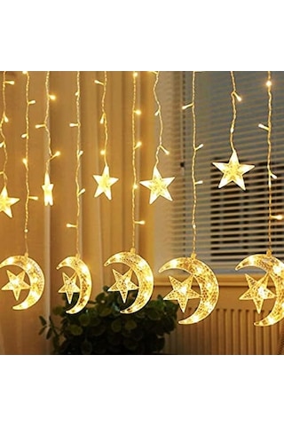 Fastbuy Ramazan Dekorasyonu Led Ay Yıldız Salkımlı Perde, Güneş Işığı Işıltısı Gün Işığı