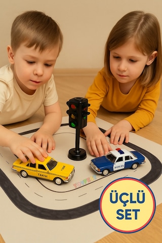 Metal Çek Bırak Taksi Polis Arabası Ve Trafik Işığı 3 Lü Set Açılır Kapı Yumuşak Lastik 11 Cm