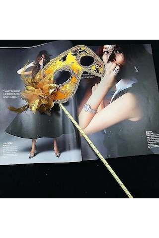 Lüks Taşlı Saplı Maskeli Balo Maskesi Altın Renk 35 Cm