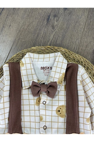 Bebicix Kaşkorse Esnek Papyonlu Ayıcık Figürlü Patikli Çıtçıtlı Erkek Bebek Tulum Kahverengi