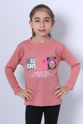 Hçm Kız Çocuk Uzun Kollu Tshirt 4 Mevsim Bisiklet Yaka Cool Edition Baskılı D45 Pudra