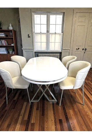 Msy Home 4 Kişilik Serya Beyaz Oval Masa Krom Ayak Yönsüz Kumaş Modern Ve Şık Yemek Odası Takımı Krem