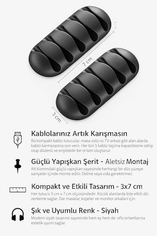 Kyrotech 3 Adet Kablo Tutucu Seti Her Biri 5 Kablo Kapasiteli Yapışkanlı Kablo Klipsi, Masa Üstü Kablo Düzenleyici, Ofis & Ev İçin Kablo Yönetimi Siyah Renk