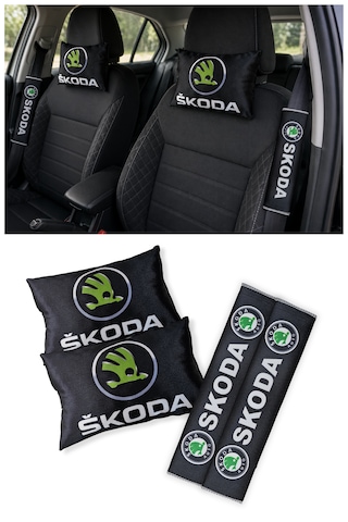 Skoda Araçlar İçin Seyahat Boyun Yastığı & Emniyet Kemer Kılıfı - Dijital Baskılı İkili Konfor Seti Siyah