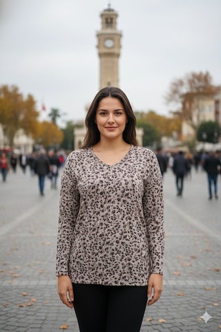 Barem Kadın Lina Büyük Beden Kışlık V Yaka Yumoş Kahve Bluz D08 Kahve