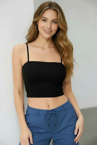 Fb Sister İp Askılı Fitted Fitilli Crop - Siyah Siyah