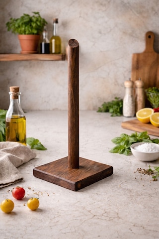 Famwoodart Kare Doğal Ahşap Kağıt Havluluk , Rulo Kağıt Havluluk %100 Çam 11x11x27 Cm Ceviz Kahverengi