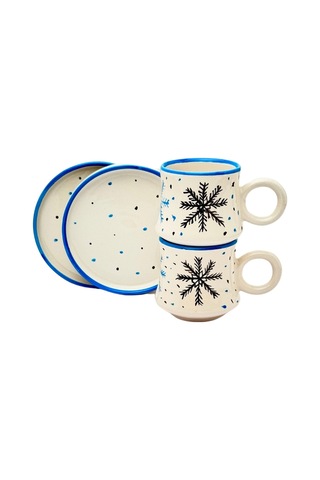 2 Li Takım Kar Tanesi Desenli, El Yapımı Kazan Seramik Kahve Fincanı, Kahve Fincanı, Hand Made Beyaz