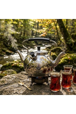 Yek Outdoor N 20 Çift İbrikli Lüks İşlemeli Alüminyum Çaydanlık 2,5 Litre Gri