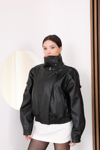 Famoda Premium Seri Dik Yaka Kruvaze Oversize Bomber Deri Ceket Siyah