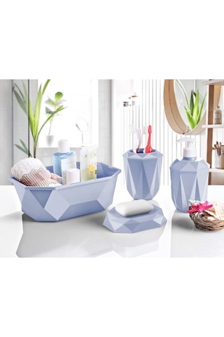 Geometrik Tasarımlı 4 Lü Banyo Seti Sabunluk Diş Fırçalık, Sıvı Sabunluk Sepet Açık Mavi