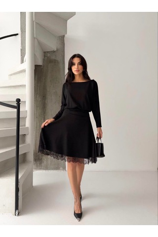 Kadın Dantelli Bel Drape Detaylı Kayık Yaka Modal Kumaş Midi Elbise Siyah