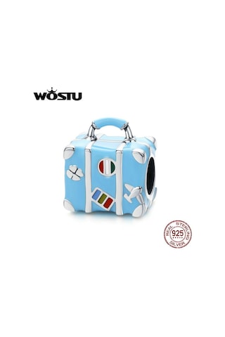 Wostu Moda 925 Ayar Gümüş Bavul Bagaj Mavi Boncuk Fit Orijinal Bilezik Charm Kolye Gümüş