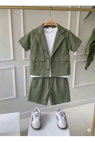 Azra 3lu Gabardin Şortlu Erkek Çocuk Takım Haki