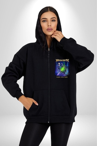Angemiel Megadeth Heavy Metal Kadın Erkek Siyah Kapüşonlu Fermuarlı Baskılı Hırka Sweatshirt Siyah