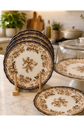 8 Parça Porselen Velour Brown Pasta Seti-7248 Çok Renkli