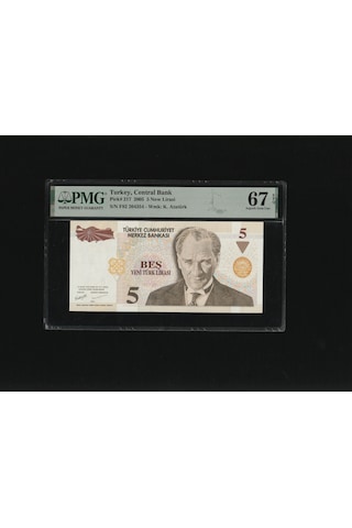Beş Yeni Türk Lirası 5 Ytl P217 2005 Pmg 67 Epq Superb Gem Unc S/n F82 204354 8.ems 1.t