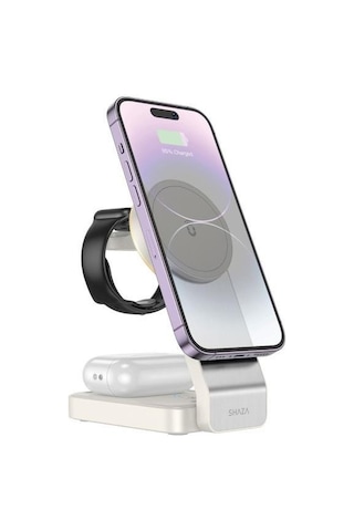 Shaza 3ın1 Arada Katlanabilir Kablosuz Şarj Standı Beyaz