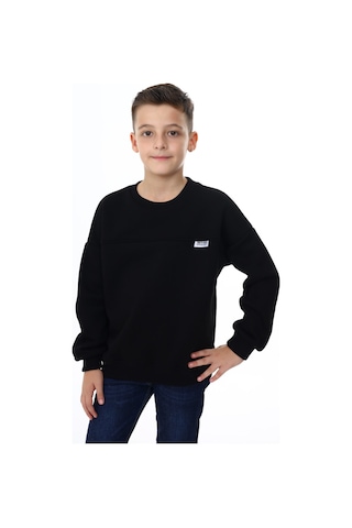 Toontoy Kids Toontoy Erkek Çocuk Relax Fit Bisiklet Yaka Düşük Omuz Baskılı Parçalı Sweatshirt - 2 İplik Siyah