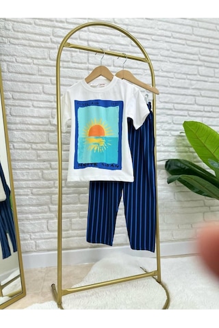 Lolliboomkids Unisex Çocuk Sunrise Postcard Summer Baskılı Krem Tişört Ve Mavi Çizgili Pantolon Takım Ekru Mavi Ekru - Mavi