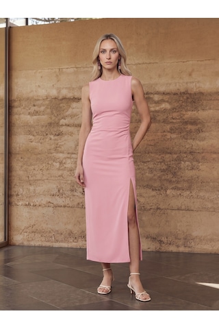 DİLVİN 91704 Yırtmaç Detaylı Midi Elbise-toz Pembe