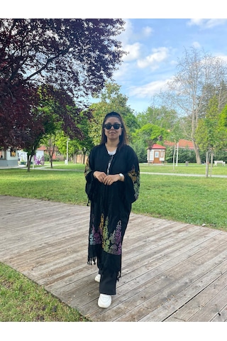 Siyah Renkli Etnik Desenli Kaftan Kimono Salaş Yazlık Plaj Ve Günlük Kullanım Siyah Turuncu