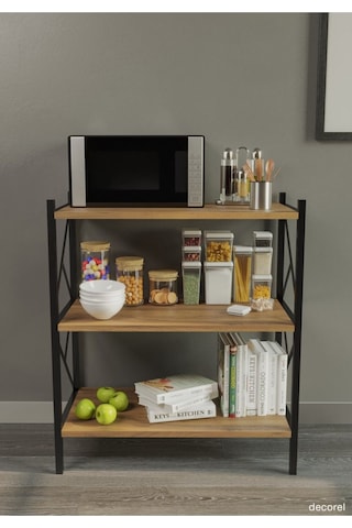 Morpanya Arose Metal Tekli Mutfak Rafı Malzeme Dolabı 3 Raflı Mikrodalga Fırın Rafı Çok Amaçlı Ceviz