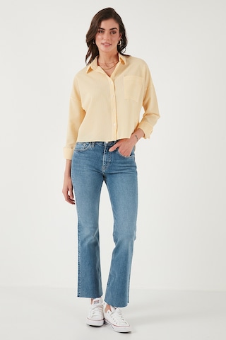 Lela Regular Fit Çizgili Göğüs Cepli Dokulu Bayan Gömlek 6772870 Sarı
