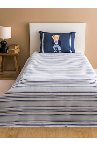 Lacivert Ayıcık Teddy Baskılı %100 Pamuklu Tek Kişilik Pike Seti 160 X 220 Cm Lacivert