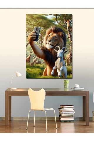 Kanvas Tablo Selfie Yapan Keçi Ve Aslan 50cmx70cm
