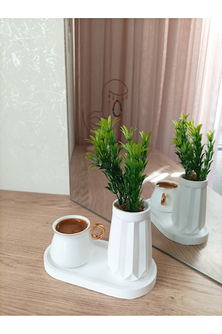 Mini Düz Desenli Beton Saksı Tekli Ve Oval Tabak - Yapay Çiçek Hediyeli - Yeşil