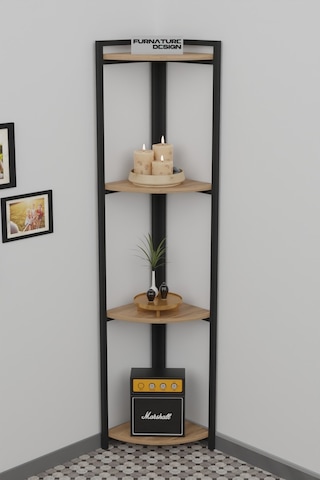 Metal Köşe Raf 4 Katlı Dekoratif Üçgen Raf Kitaplık Atlantik Çam