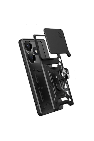 Xiaomi Poco F6 Kılıf Magnetik Standlı Kamera Korumalı Zore Sürgülü Vega Kapak Siyah