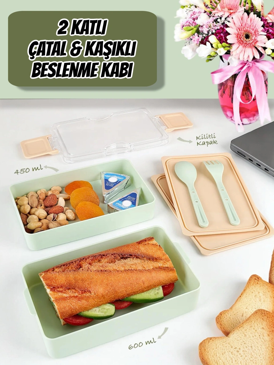 Dikdörtgen İki Katlı Lunch Box Açık Yeşil Renk Beslenme Kutusu Saklama Kutusu Açık Yeşil