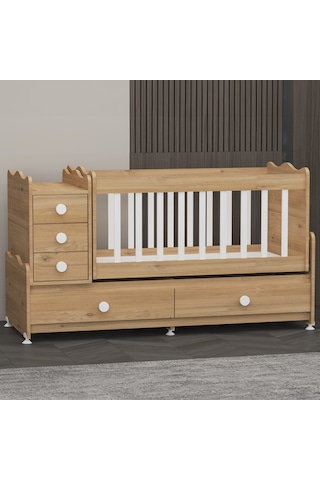 Garaj Home Melina 5 Çekmeceli Büyüyen Mdf Çıtalı Beşik - Meşe Beyaz