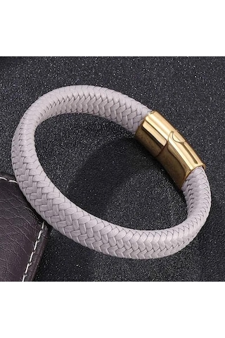 Basit Gri Deri Örgü Bileklik Paslanmaz Çelik Tokalı Kilitler Erkekler İçin El Yapımı Bilezik Takı Hediye Gri