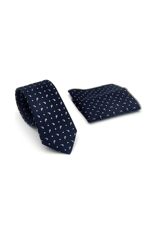 Gaffy Beyaz Füme Desenli Lacivert Dokuma Kumaş Mendilli Slim Fit Kravat // Sdk-2612-2 Lacivert