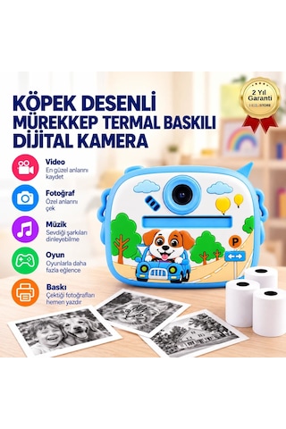 BLUE-4 Anında Baskılı Çocuk Fotoğraf Makinesi, 1 Arada Video, Müzik Özellikli Köpek Desenli Kamera-1802