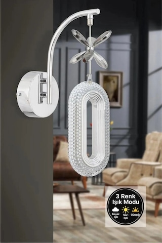 Alfa Tekli Kromkristal Taşlı Aplik 3 Renk Modu Krom