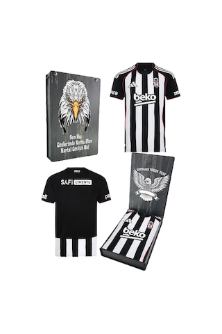 Beşiktaş 25/26 Siyah Beyaz Çubuklu Forma Bjk Kartal Baskılı Hediyelik Ahşap Kutulu Beyaz - Siyah