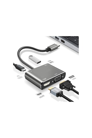 River World Usb Çoklayıcı Hızlı Şarj Destekli Vga Görüntü Hdmı 4k Ultra Hd Dördü Birarada Typec To Hub Dönüştürücü Adaptör
