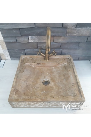 Noche Traverten Rustik Kare Lavabo - Batarya Çıkışlı