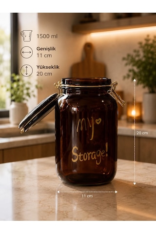 Morponi 3'lü Lüks Amber Klipsli Vakumlu Kapaklı Cam Kare Erzak Kavanozu Seti 1500 Ml