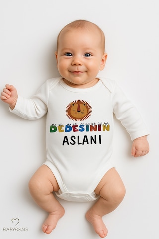 Babyden's Dedesinin Aslanı Yazılı Uzun Kollu Bebek Zıbını %100 Pamuk Çıtçıtlı Body Beyaz