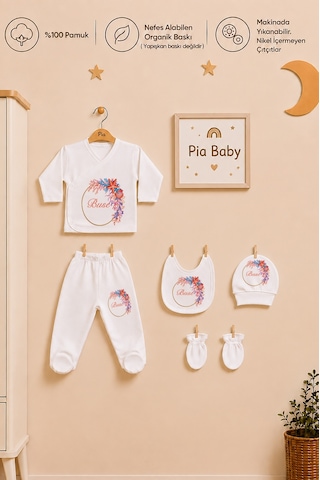 Pia Baby İsim Baskılı Kız Bebek Hastane Çıkışı 5'li Zıbın Seti Penye Bebek Battaniyesi Ve Ham Bez Kıyafet Kesesi 1037bzk3x Ekru