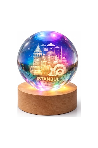 Ahşap Tabanlı Led Işıklı Cam Küre Dekoratif Gece Lambası Rgb & Gün Işığı Çok Renkli