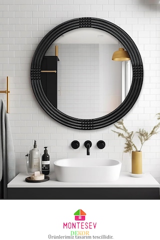 Safir Ahşap Siyah Yuvarlak Ayna Işlemeli Duvar Banyo Aynası 43 Cm Siyah